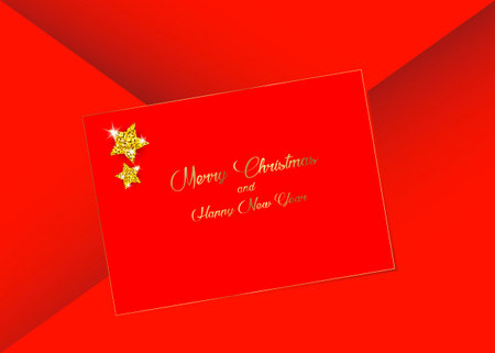 A golden glitter Merry Christmas and Happy New Year red card, Bright Stars of gold glitters, vector red Envelope backgroundのイラスト素材