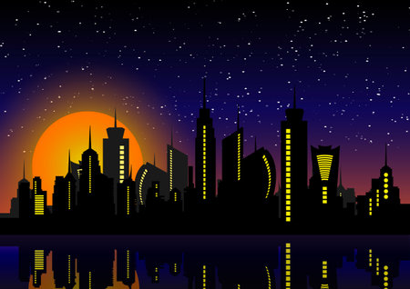 Night City Skyline. Cityscape Background, Beautiful night sky with stars over city buildings vector illustrationのイラスト素材