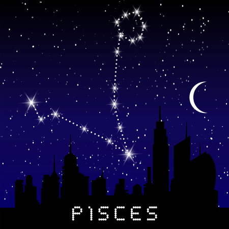 Pisces zodiac constellations sign on beautiful starry sky with galaxy and space behind. Fish sign horoscope symbol vectorのイラスト素材