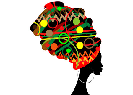 Portrait beautiful African woman in traditional turban, kente head wrap African, Traditional dashiki printing, black women silhouette isolated with traditional earrings, hairstyle conceptのイラスト素材