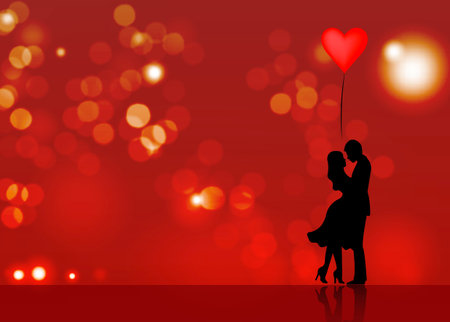Romantic silhouette of loving couple. Valentines Day 14 February. Happy Lovers. Vector illustration isolated or red blurry backgroundのイラスト素材