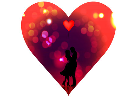 Romantic silhouette of loving couple in red blurry background, Valentines Day 14 February.のイラスト素材