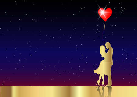 Romantic gold silhouette of loving couple in starry universe background.のイラスト素材