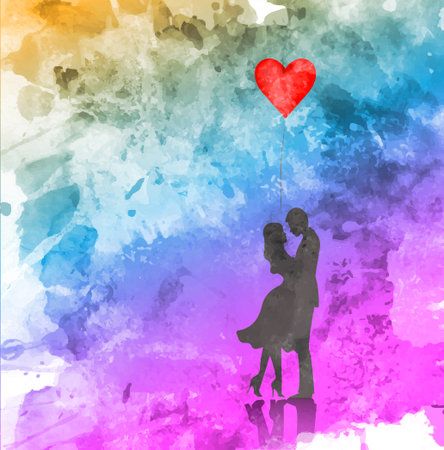 Romantic silhouette of loving couple. Valentines Day 14 February. Happy Lovers. Vector illustration, watercolor style.のイラスト素材