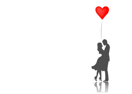 Romantic silhouette of loving couple. Valentines Day 14 February. Happy Lovers. Vector illustration isolated or white background.のイラスト素材