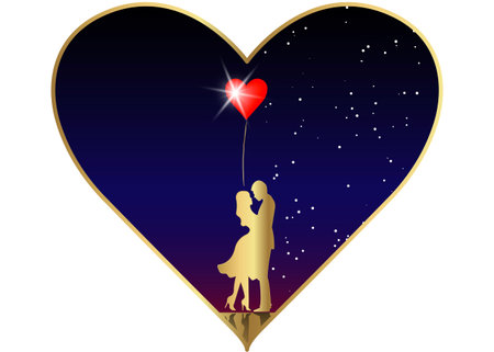 Romantic gold silhouette of loving couple in starry universe background. Valentine's day, 14th of February, happy lovers vector illustration.のイラスト素材