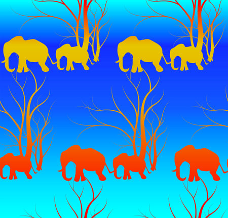 Batik tiger pattern with cute animal, Elephants. The elephant's baby with mother. A walk in the savannah, Vector flat background. Can be used for textile, website background, book cover, packagingのイラスト素材