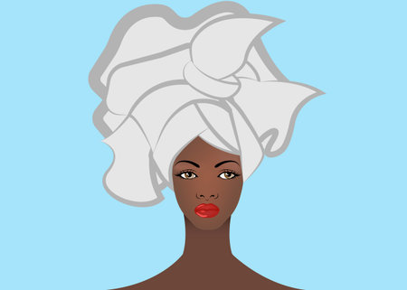 Spa Woman Beauty Treatments. Close-up portrait of a beautiful girl with a towel on her head. Beautiful young black woman SPA beauty salon concept, vector isolated or blueのイラスト素材
