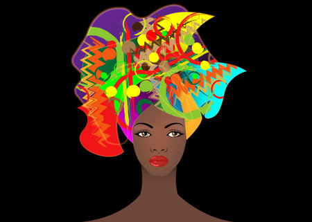 portrait of the young African woman in a colorful turban. Wrap Afro fashion, Ankara, Kente, kitenge, African women dresses with ethnic jewelry. Nigerian style, Ghanaian fashion. Vector isolated or black for Print, poster, t-shirt, cardのイラスト素材