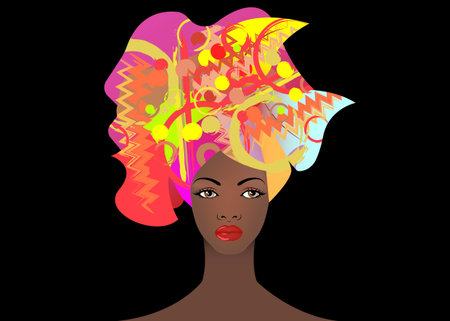 portrait of the young African woman in a colorful turban. Wrap Afro fashion, Ankara, Kente, kitenge, African women dresses with ethnic jewelry. Nigerian style, Ghanaian fashion. Vector isolated or black background for Print, poster, t-shirt, cardのイラスト素材