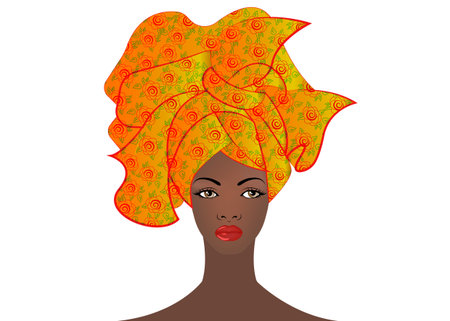 portrait of the young African woman in a colorful turban. Wrap Afro fashion, Ankara, Kente, kitenge, African women dresses. Nigerian style, Ghanaian fashion. Vector with leopard texture backgroundのイラスト素材