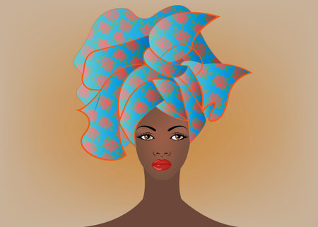 portrait of the young African woman in a colorful turban. Wrap Afro fashion, Ankara, Kente, kitenge, African women dresses with ethnic jewelry. Nigerian style, Ghanaian fashion. Vector isolated for Print, poster, t-shirt, cardのイラスト素材