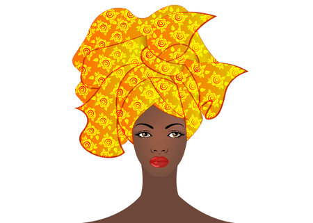 Portrait of the young African woman in a colorful turban. Wrap Afro fashion, Ankara, Kente, kitenge, African women dresses with ethnic jewelry. Nigerian style, Ghanaian fashion.のイラスト素材