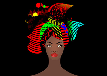 Portrait of the young African woman in a colorful turban. Wrap Afro fashion, Ankara, Kente, kitenge, Afro women dresses. Nigerian style, Ghanaian. African bone earring and ethnic necklace.のイラスト素材