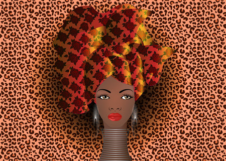 portrait of the young African woman in a colorful turban. Wrap Afro fashion, Ankara, Kente, kitenge, African women dresses. Nigerian style, Ghanaian fashion. Vector with leopard texture backgroundのイラスト素材