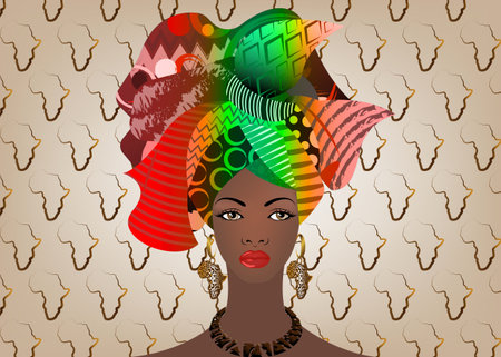 portrait of the young African woman in a colorful turban. Wrap Afro fashion, Ankara, Kente, kitenge, African women dresses. Nigerian style, Ghanaian fashion. Vector with Africa batik texture backgroundのイラスト素材
