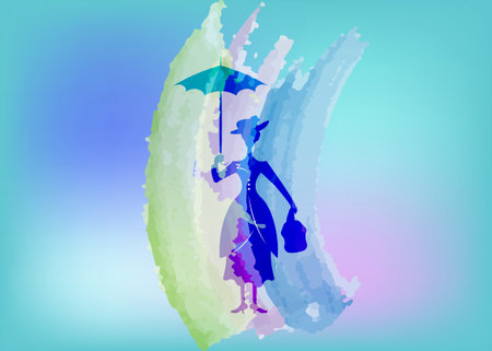 Silhouette girl with umbrella, watercolour style, vector isolated or blue background