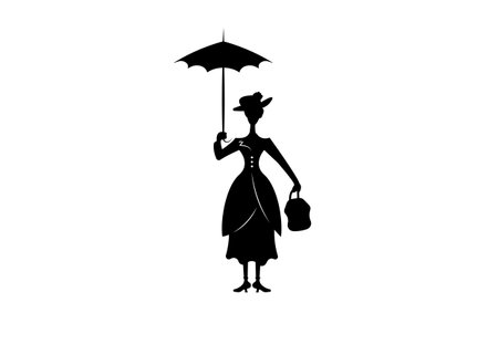 Silhouette girl with umbrella, isolated on white background