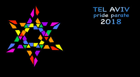 Pride Parate, Tel Aviv 2018, rainbow colored star of David. Vector isolated or black backgroundのイラスト素材