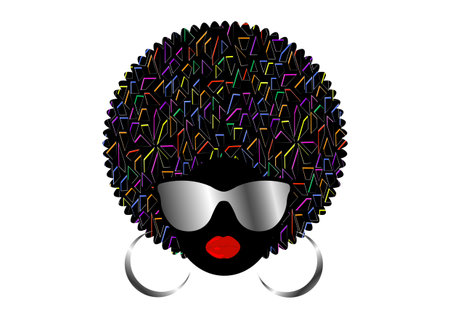 portrait African women, dark skinned female face with afro hair and metal sunglasses in traditional ethnic turban isolated vector, cover for black music, disco, beauty events, hairstyle conceptのイラスト素材
