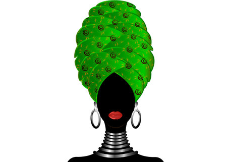 Portrait of the young black woman in a turban. Animation African beauty. Vector color illustration isolated on a white background. Traditional Kente head wrap African. Print, poster, t-shirt, card. Green pattern headscarfのイラスト素材
