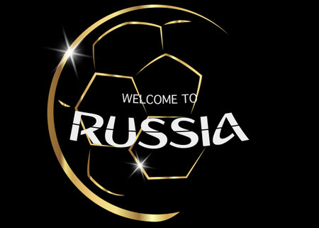 black background with golden ball and text: welcome to Russia.           icon golden abstract Football cup trophyのイラスト素材