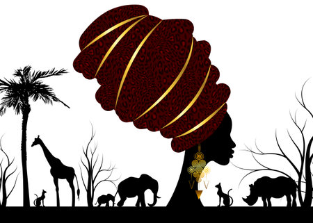 African safari animal silhouette, portrait and portrait African woman in traditional turban, afro head wrap leopard texture with gold ethnic jewelery, vector isolated or white backgroundのイラスト素材