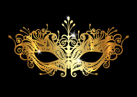 Golden Venetian realistic mask with laser cut gold embroidery. Stylish Masquerade Party. Mardi Gras card invitation. Night Party Poster. Dance Flyer. Musical festival banner templates. Vector isolatedのイラスト素材