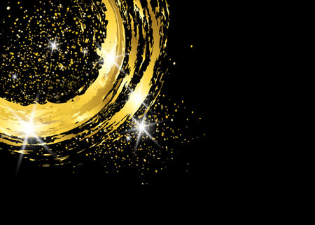 Gold shiny glowing vintage frame with golden brush strokes isolated or black background. Gold leaf luxury realistic round border, Circle abstract frame painted with brush strokesのイラスト素材