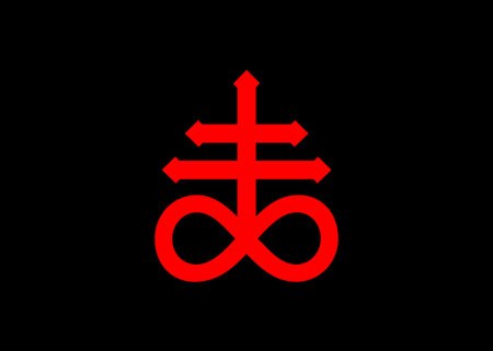 Leviathan Cross alchemical symbol for sulfur, associated with the fire and brimstone of hell. Vector Red icon isolated. Flash tattoo or print design, naval symbol, cross of Satan in black backgroundのイラスト素材