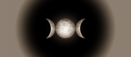 Wiccan Triple Moon Religious realistic mystic sign Wicca and Neopaganism symbol. Triple Goddess moon isolated or black universe backgroundのイラスト素材
