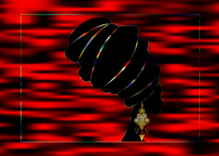 portrait African woman in traditional turban, Kente head wrap Afro, dashiki, black women vector silhouette with gold earrings. Dark red luxury golden laser cut, jewelry concept backgroundのイラスト素材