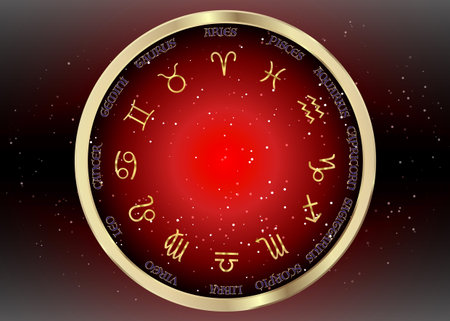 Set icon of zodiac, golden astrological signs, gold image of horoscope. Horoscope zodiac signs. Astrology symbols set. Dark red night sky and stars, black night sky background, vector illustrationのイラスト素材