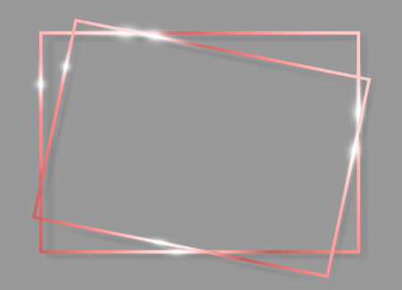 Pink Gold shiny glowing vintage frame with shadows isolated on gray background. Rose Golden luxury realistic double rectangle border, vector illustrationのイラスト素材