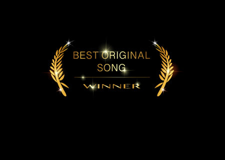 Gold vector best music awards winner concept template with golden shiny text isolated or black background. Best original soundtrack prize iconのイラスト素材