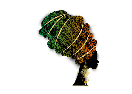 Vector portrait beautiful African woman in traditional turban, Kente head wrap, dashiki printing, black afro women vector silhouette in ethnic decoration cloth batik, gold earrings, hairstyle conceptのイラスト素材