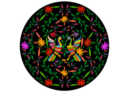 Ethnic Mexican tapestry with floral and peacock jungle animals hand-made. Naive print folk decorations. Latin, Spanish, mediterranean style. Colorful circular textile embroidery isolatedのイラスト素材