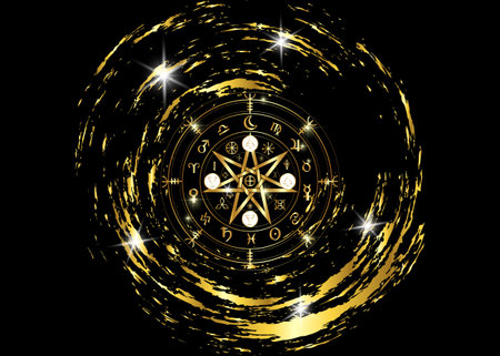 Wiccan symbol of protection. Gold Mandala Witches runes, Mystic Wicca divination. Ancient occult symbols, Earth Zodiac Wheel of the Year Wicca Astrological signs, vector isolated or black backgroundのイラスト素材