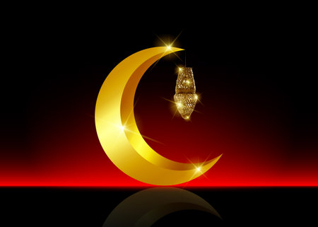 Ramadan mubarak background. Ramadan Kareem greeting card design with half moon and gold lantern. Vector Golden moon isolated or black and red backgroundのイラスト素材