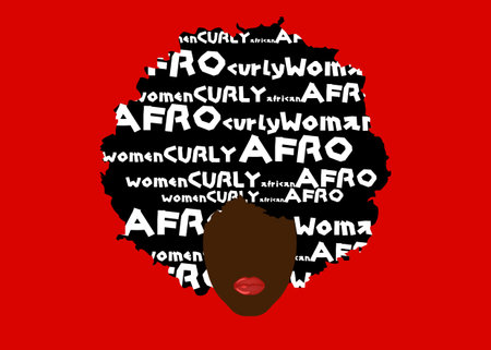 curly afro hair, portrait African woman, dark skin female face with ethnic curly hair and red lips, cartoon style and white text, hair style concept, vector isolated or red backgroundのイラスト素材
