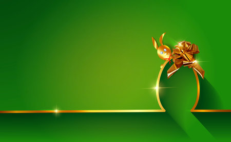 Happy Easter Golden Skyline Rabbit and Egg, flat design, outline drawing. Easter Bunny with gold bow ribbon greeting card, vector isolated on green background.のイラスト素材