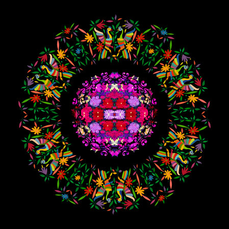 Ethnic Mexican tapestry with embroidery floral and peacock jungle animals handmade. Naive print folk...
