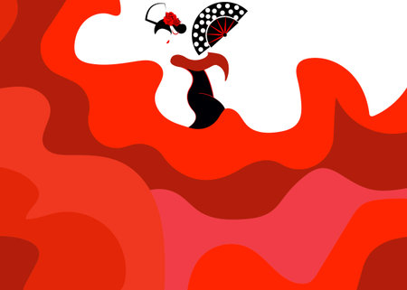 Flamenco dancer, sexy silhouette Beautiful woman in red long dress with fan and peineta in spectacular poseのイラスト素材