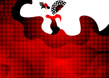 Flamenco dancer, sexy beautiful silhouette Spanish woman in red long dress polka dots, fan and peineta in spectacular pose, Latin America artist performer, vector template fashion design backgroundのイラスト素材