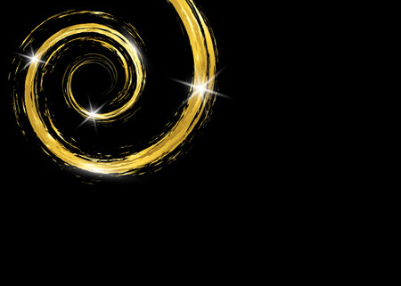 Gold shiny glowing vintage frame with golden brush strokes isolated or black background. Gold leaf luxury realistic spiral border, Templateのイラスト素材
