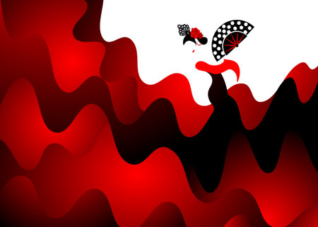 Flamenco dancer, sexy silhouette Beautiful woman in red long dress with fan and peineta in spectacular poseのイラスト素材