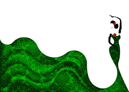 beautiful young woman hispanic flamenco dancer dancing flamenco. Traditional and elegant Spanish long luxury clothes damask fabric motif. For brochure, card, template, dance school. Vector Isolatedのイラスト素材