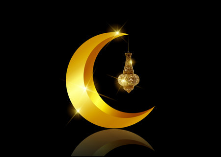 Ramadan mubarak background. Ramadan Kareem greeting card design with half moon and lantern vector isolated. Lantern and half moon realistic illustration. Shiny Lamp with golden color in the dark nightのイラスト素材