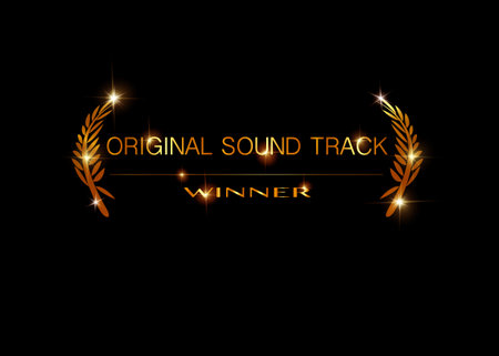 original sound track concept. Gold vector best music awards winner concept template with golden shiny text isolated or black background. Best original soundtrack prize iconのイラスト素材