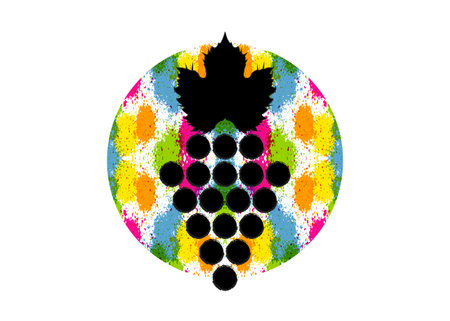 Vector illustration of colorful grapes and vine background. Abstract splash circular watercolor with grape berries. Design concept for wine labels, wine lists, menus, alcohol drinks packages. isolatedのイラスト素材